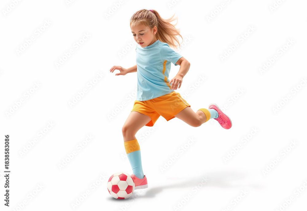 Fototapeta premium Kid soccer player in colored uniform mockup, isolated, ai generated