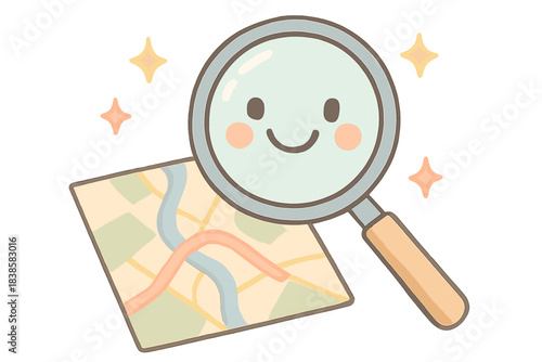 Magnifying Map Magic. A smiling magnifier hovering over tiny map details with playful sparkles, gentle pastel accents, No text, No