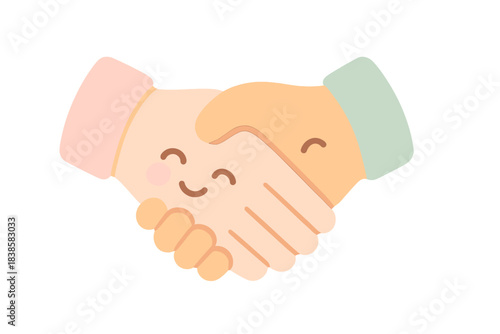 Fair Trade Handshake. A cute "fair trade" handshake symbol with winking faces on the hands, soft harmonious pastel palette, No