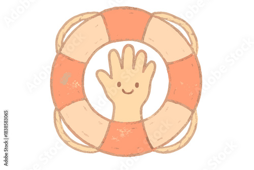 Lifebuoy and Helping Hand. A cheerful lifebuoy with a smiling helping hand inside, soft pastel doodle style, No text, No labels,