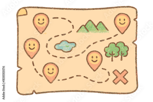 Cheerful Tactical Map. A cheerful tactical map with smiling "player position" icons, soft pastel doodle style, No text, No labels,