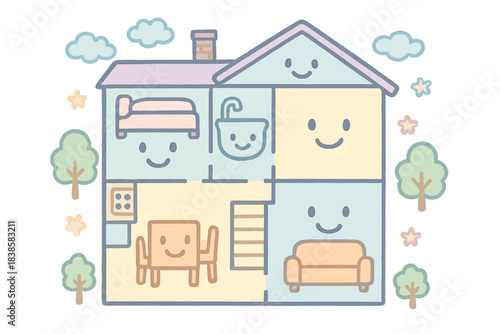 Cheerful Mansion Blueprint. A cheerful mansion blueprint with smiling "memory room" labels, soft pastel doodle style, No text, No