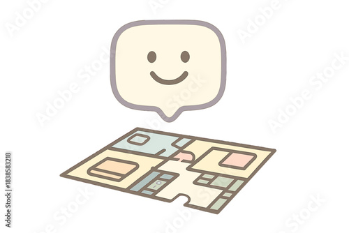 Blueprint Dreams. A smiling memory room label hovering above tiny blueprint rooms, gentle pastel accents, No text, No labels,