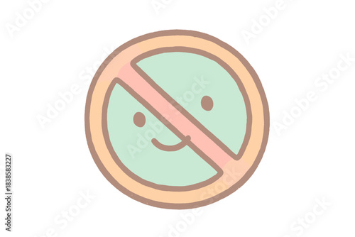 Smiling Forbidden Symbol. A tiny "forbidden section" warning symbol with a smiling face, cozy pastel doodle colors, No text, No