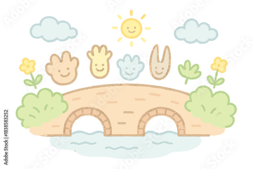 Cheerful Eco-Bridge. A cheerful "eco-bridge" with smiling animal footprints, soft pastel doodle style, No text, No labels,
