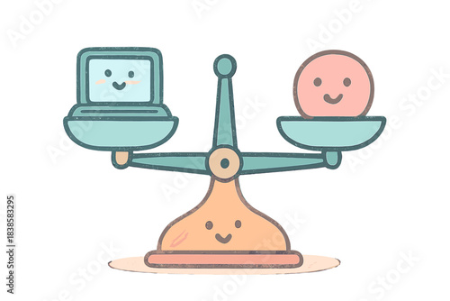 Tech-Life Balance Scales. A tiny "tech-life balance" scales with smiling weights, cozy pastel doodle colors, No text, No labels,