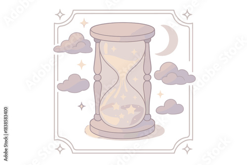 Celestial Hourglass Flow. Isometric vector illustration set Astronomical flow: hourglass pouring streams of light instead of sand,