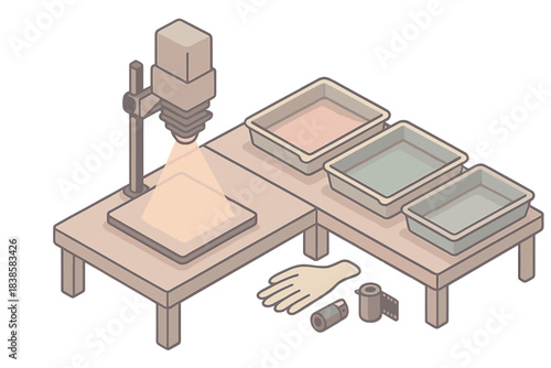 Retro Darkroom Layout. Isometric vector illustration set Retro darkroom layout: modular table design with liquid trays, small