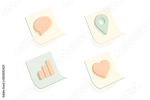 Floating Paper Artistry. Isometric vector illustration set Floating paper relief: suspended panels, fine drop shadows, color