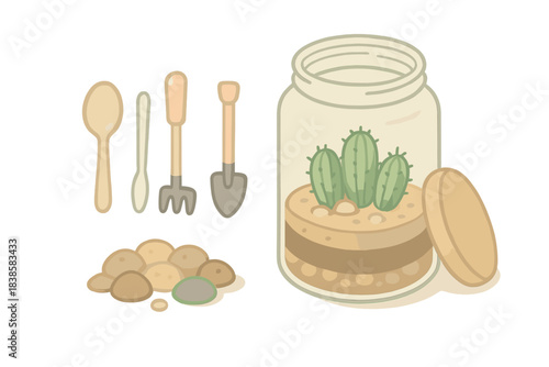 DIY Terrarium Tools. Isometric vector illustration set DIY terrarium tools: neatly arranged set of miniature garden instruments,