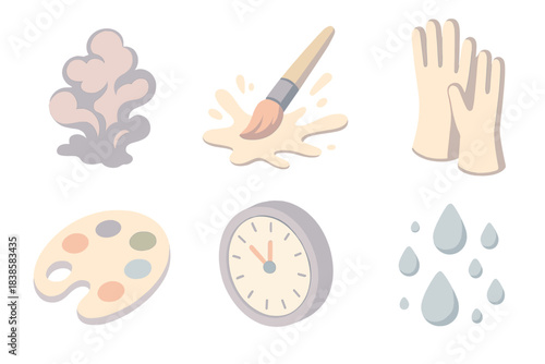 Controlled Artistic Chaos. Isometric vector illustration set Controlled chaos: ink explosions, brush splashes, protective gloves,