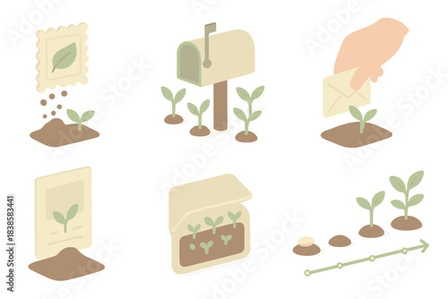 Eco Postal Growth. Isometric vector illustration set Eco-postal growth: biodegradable stamp dissolving into soil, mailbox