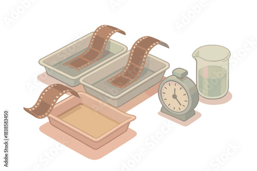 Vintage Film Station. Isometric vector illustration set Vintage film station: pastel developer trays filled with photo chemicals,