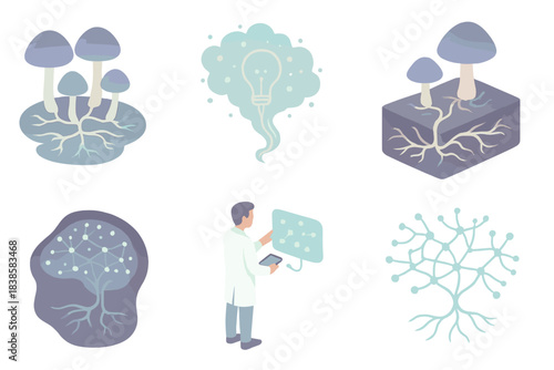 Bioluminescent Fungi Network. Isometric vector illustration set Cognitive fungi system: bioluminescent hyphae forming