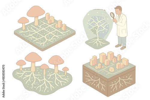 Bioluminescent Fungal Cityscape. Isometric vector illustration set Mycelial city mapping: glowing fungal roots outlining urban
