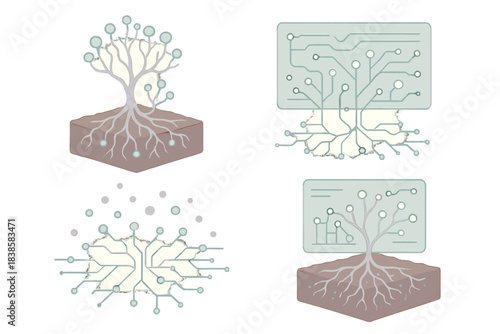 Fungal Digital Fusion. Isometric vector illustration set Fungal information grid: bioluminescent root structure resembling neural