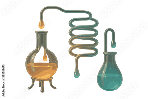 Emotive Glass Distillation. a delicate glass distillation setup where glowing droplets of emotions flow through coiled tubes, soft