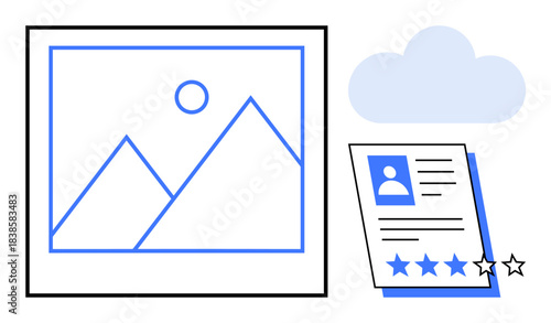 Profile card with personal info and five-star rating, scenic illustration of mountains with sun, and cloud. Ideal for portfolio, review, performance, feedback, quality, creativity simple flat