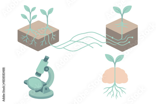 Bioluminescent Neural Grid. Isometric vector illustration set Plant-based neural grid: bioluminescent filaments branching through