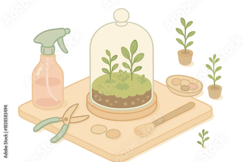 Isometric Garden Workspace. Isometric vector illustration set Apartment garden workspace: tabletop with terrarium under glass lid,