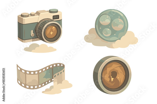 Visionary Camera Dreamscape. Isometric vector illustration set Vision collector: vintage camera floating in air, dream orbs