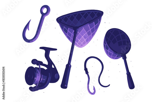 Dream Navigation Toolkit. a floating dream toolkit with glowing hooks, nets, and reels for navigating subconscious tides, midnight