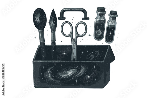 Celestial Toolkit. a floating toolkit with celestial brushes, shears, and vials for shaping and caring for galaxies, midnight and