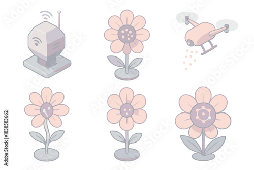 Futuristic Pollination Technology. Isometric vector illustration set AI pollination system: robotic hives monitoring transmission,