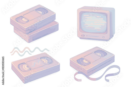 Retro VHS Nostalgia. Isometric vector illustration set Retro video archive: pile of softly glowing VHS cassettes, television
