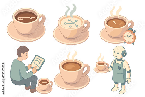 Espresso Analytics Illustration. Isometric vector illustration set Espresso analytics: coffee cup displaying train timeline, milk