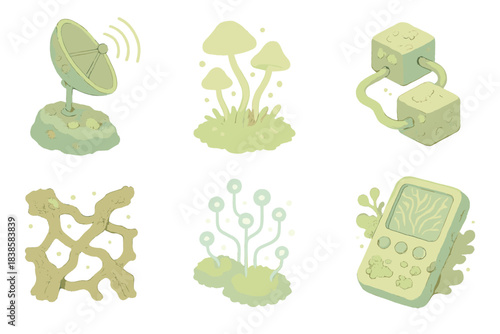 Organic Data Transmission. Isometric vector illustration set Organic data transmission: lichen-covered antenna stone, glowing