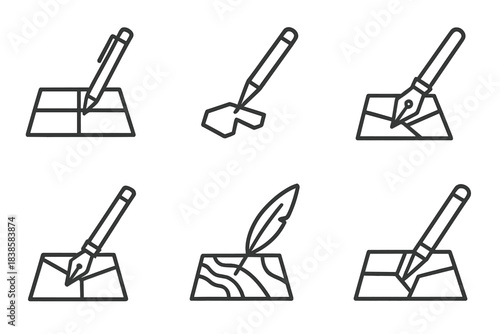 Surveyor's Tool Icons. Icons for: a surveyor pen charting divided land, a mapping stylus outlining parcel lines, a geographic nib