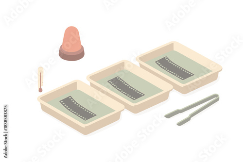 Darkroom Analog Process. Isometric vector illustration set Darkroom workflow: three developer trays aligned neatly, film strips