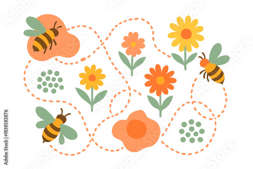 Pollinator Habitat Map. a colorful pollinator habitat map with bees, flowers, and safe zones connected by dotted paths, coral and