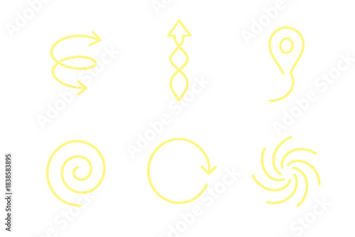 Neon Spiral Motifs. Icons for: a neon spiral arrow showing flow, a glowing helix guiding direction, a curved light path marker, a