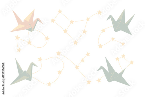 Origami Cosmic Constellations. Isometric vector illustration set Paper cosmos: folded cranes and stars arranged as constellations,