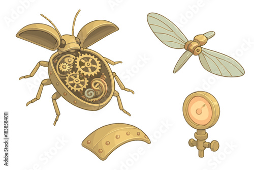 Steampunk Brass Beetle. Isometric vector illustration set Insect automaton dissection: open brass beetle showing inner clockwork
