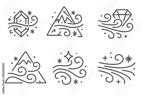 Icy Wind Icons. Icons for: frozen gem wind crests, icy crystal summit breezes, diamond-edged air currents, frosted mountain gusts,