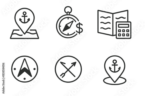 Maritime Finance Icons. Icons for: nautical position treasury, compass-linked fund management, sea chart accounting hubs,