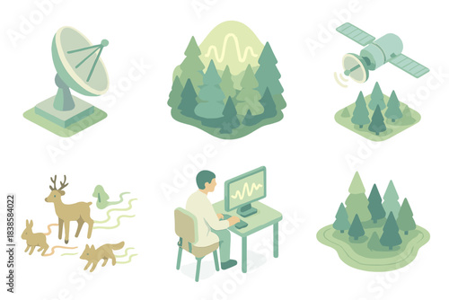 Eco-Signal Detection. Isometric vector illustration set Eco-signal detection: parabolic dish aimed at forest valley, glowing sound