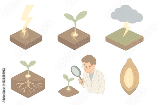 Electroseed Genesis Icons. Isometric vector illustration set Electroseed genesis: lightning bolt hitting soil, glowing sprout
