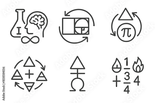 Alchemical Unity Icons. Icons for: alchemical computation unifying ideas, golden ratio symbols of fusion, transmuted math forming