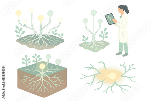 Organic Data Flow. Isometric vector illustration set Organic data flow: glowing mycelium roots connecting luminous data nodes,