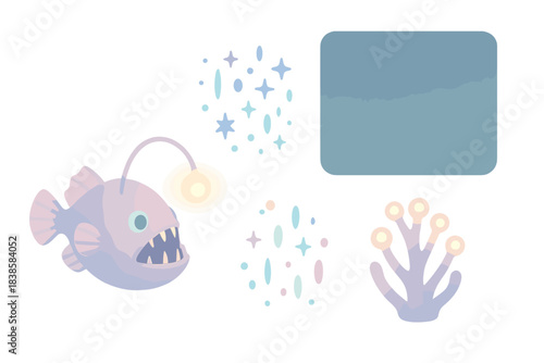 Abyssal Glow Scene. Isometric vector illustration set Abyssal illumination: anglerfish with glowing lure, plankton particles