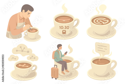 Temporal Coffee Oracle. Isometric vector illustration set Temporal coffee oracle: barista interpreting foam patterns, mug glowing