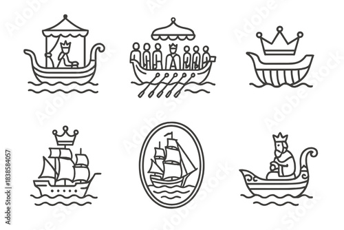 Royal Maritime Icons. Icons for: imperial boat tableaus, ceremonial ship scenes, crowned hull displays, empire-era sailing motifs,