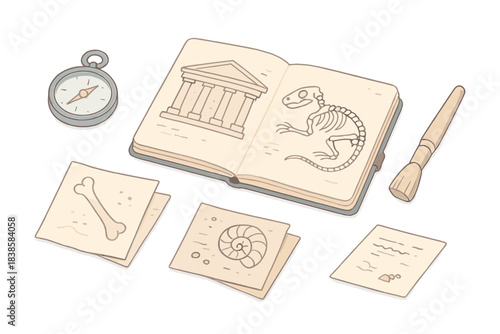 Archaeological Exploration Sketches. Isometric vector illustration set Excavation sketches: archaeologist’s notebook showing