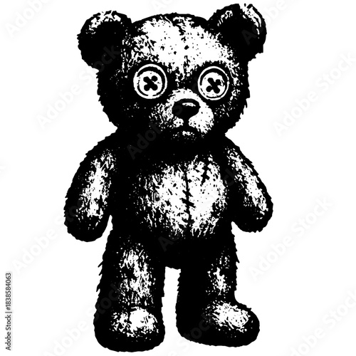 Vintage Teddy Bear with Button Eyes, Retro Xerography Halftone Plush Toy Engraving, Black and White Vector Isolated