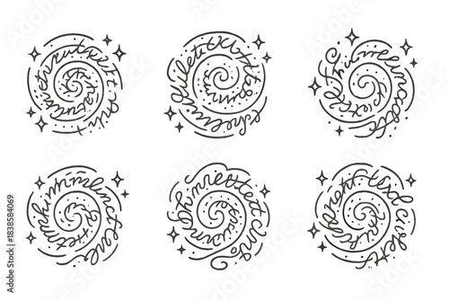 Glittering Text Whirlpools. Icons for: sparkling whirlpool texts, glittering spiral sentences, twinkling script eddies, shimmering