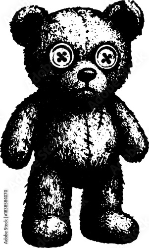 Vintage Teddy Bear with Button Eyes, Retro Xerography Halftone Plush Toy Engraving, Black and White Vector Isolated